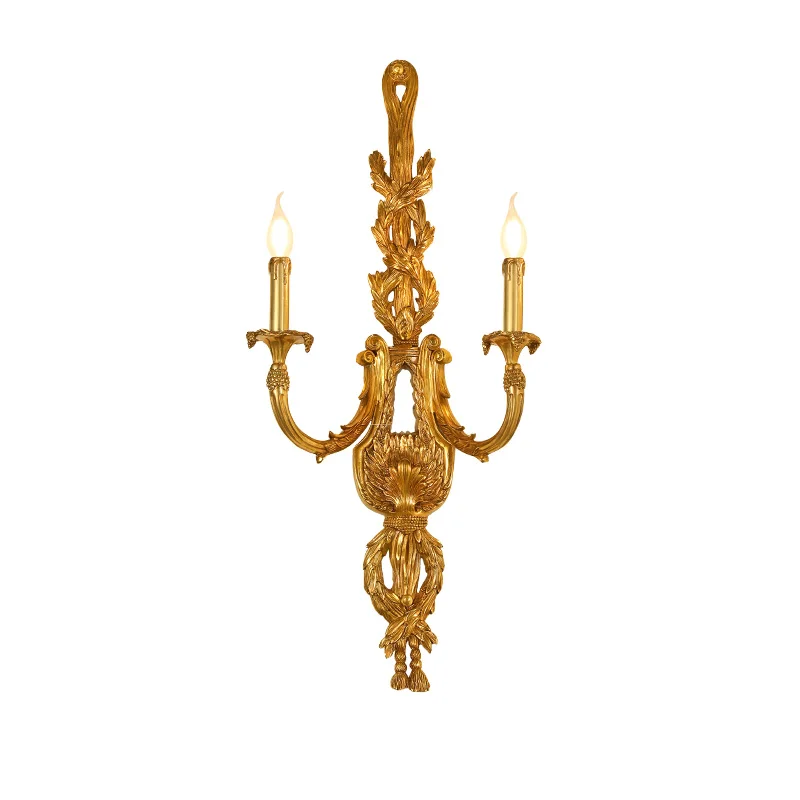 

European Indoor Decoration Living Room Retro Brass Wall Light Rococo Classic Candle Sconce French Copper Wall Lamp