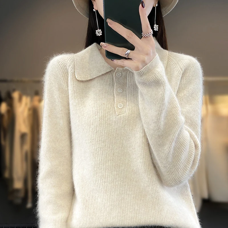 RONGYI Autumn And Winter New 100% Mink Cashmere Lapel Women\'s Solid Color Loose Pullover Knitted Padded Warm Long Sleeve Top