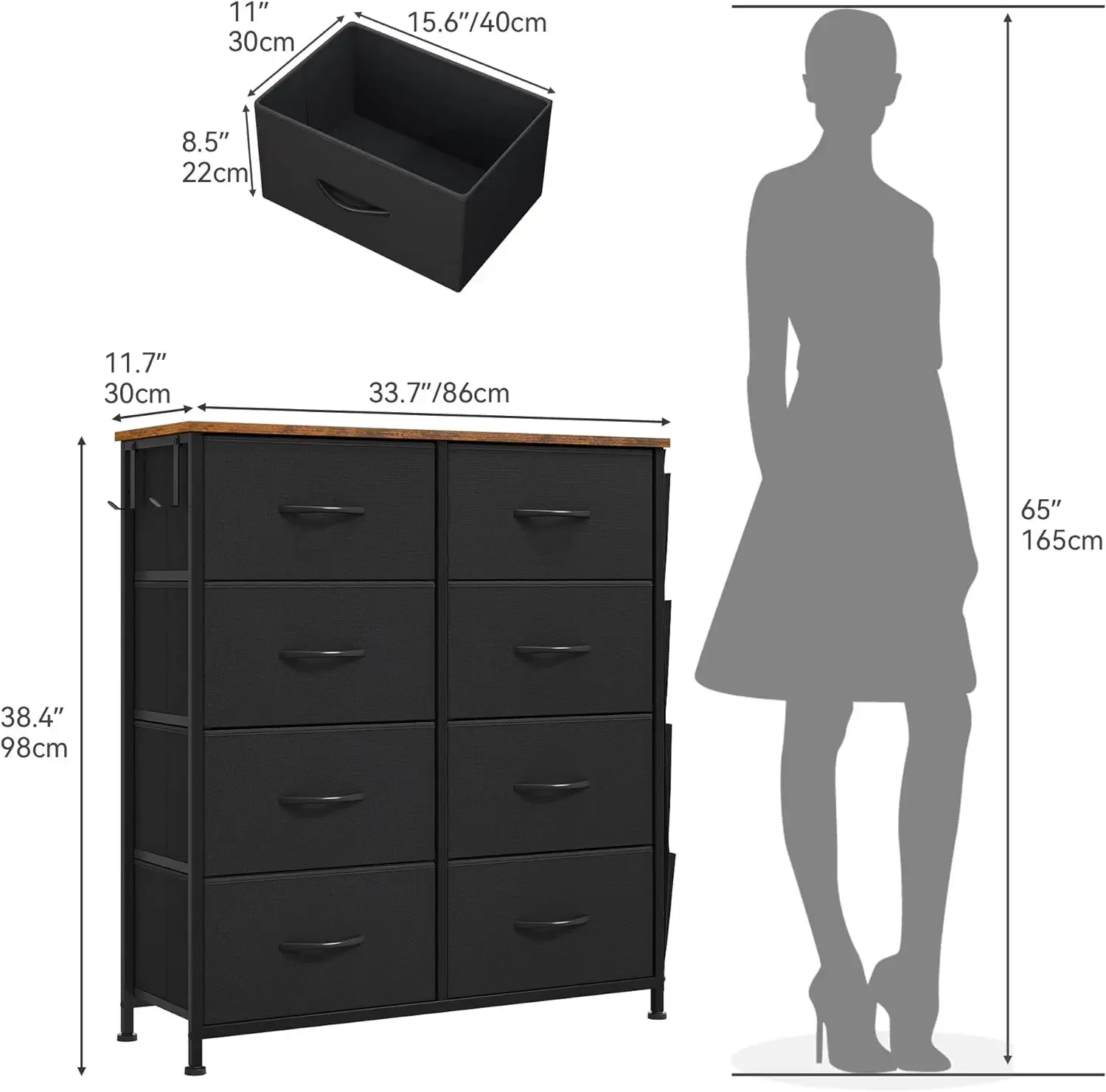 Cajonera Tela con Bolsillos Laterales,Comoda Tela,con 8 cajones Extraíbles,Comoda para Sala Estar,Dormitorio, habitación Infantil