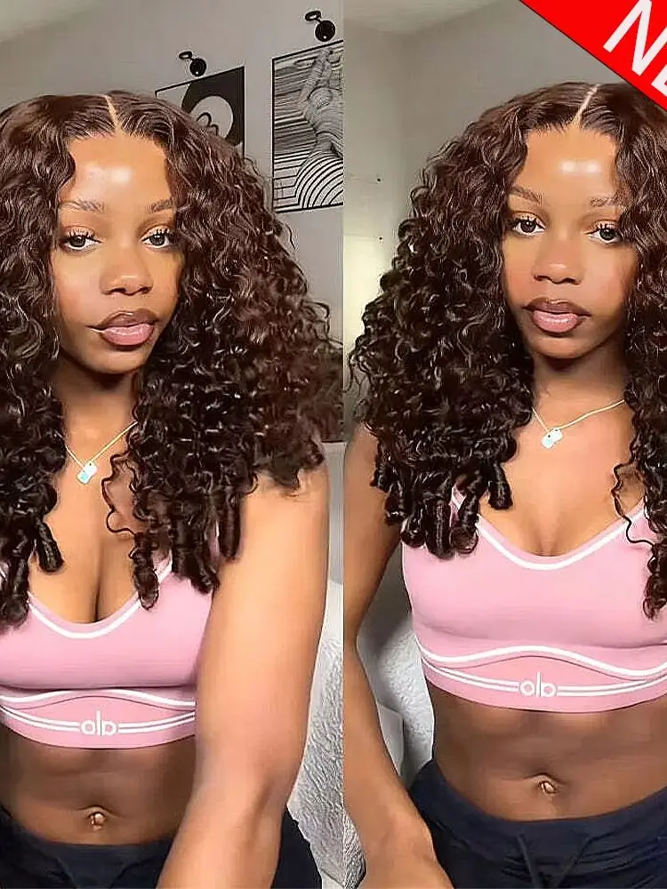400 Density Chocoladebruine Birmaanse Krullende 100% Echt Haarpruik 13x6 HD Transparante Kant Frontal Pruiken Diepe Golf Kant Frontal Pruiken - afbeelding 2