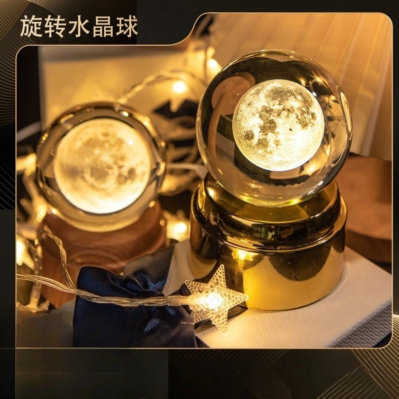 3D Inner Engraving Rotating Crystal Ball Creative Luminous Crystal Ball Night Light Desktop Ornament Creative Holiday Gift