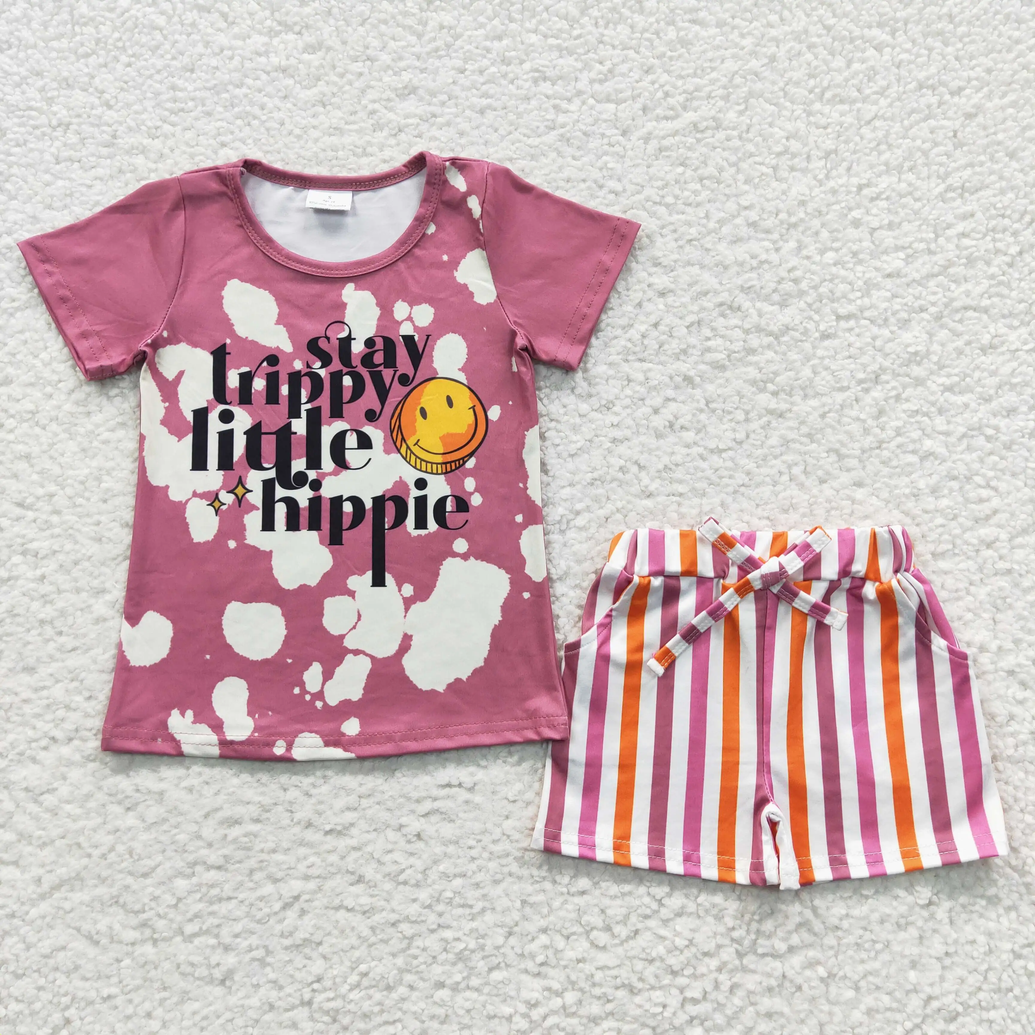 

GSSO0314 Baby Girl Summer Clothes Letter Print Top With Stripes Shorts Kids Boutique Set