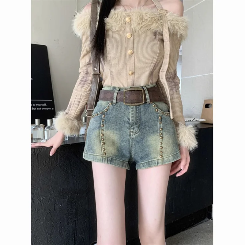 핫걸 디자인 리벳 스트레치 데님 여성용 신상 스몰 레트로 하이웨이스트 슬리밍 반바지