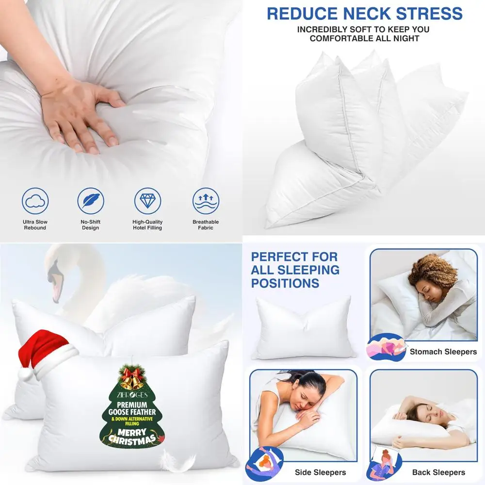 

Queen Size Goose Feather Pillows Set of 2 - Premium Hotel Quality, 600 Thread Cotton, Plush Polyester Fill for Comfortable Sleep