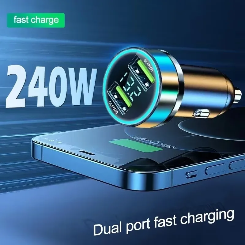 

Fast charging car charger, 240W 2-port USB adapter with digital screen and ambient light, ignition and start system charger