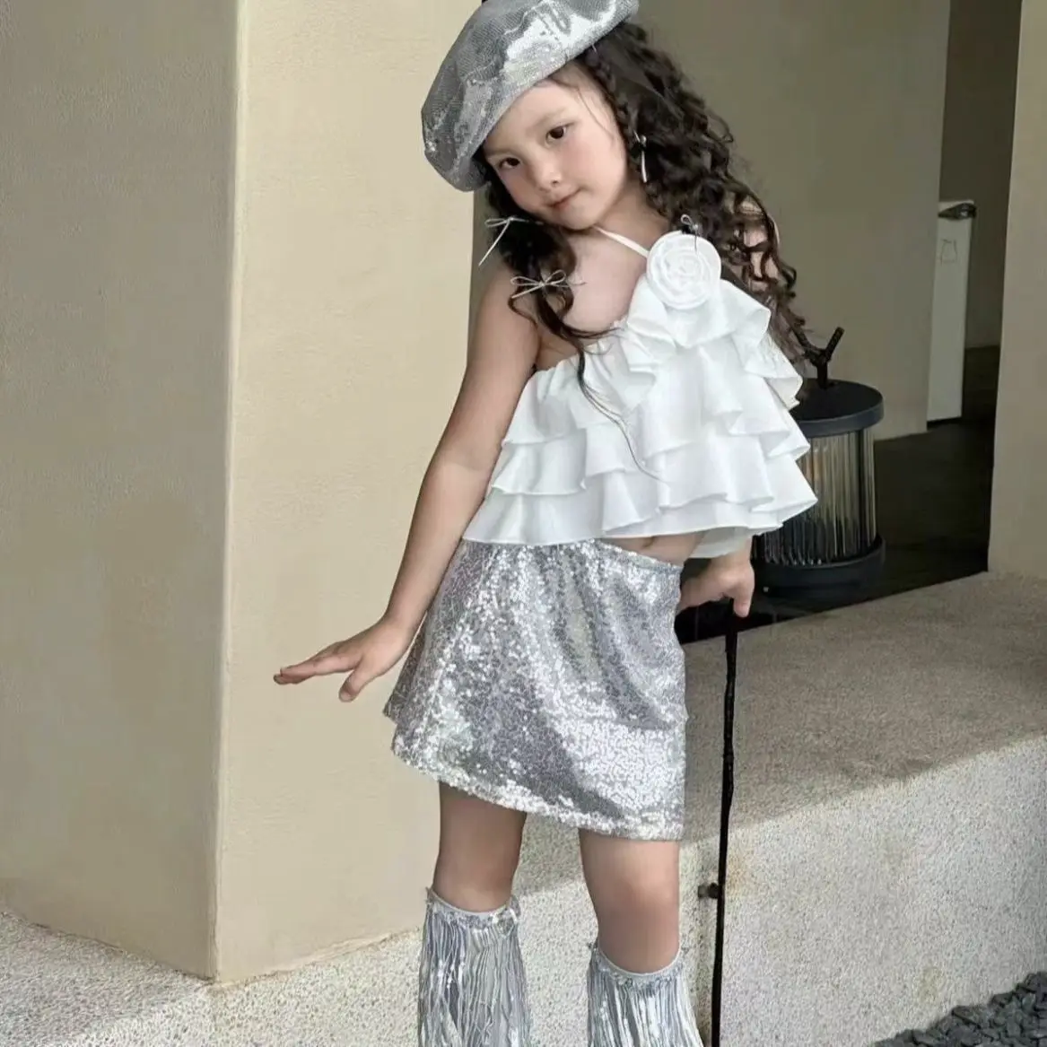 Cute and Sweet Suspender Neck Hanging Set for Girls Performance Rose Ruffle Edge Neck Hanging Top Sequin Skirt Two Piece Set