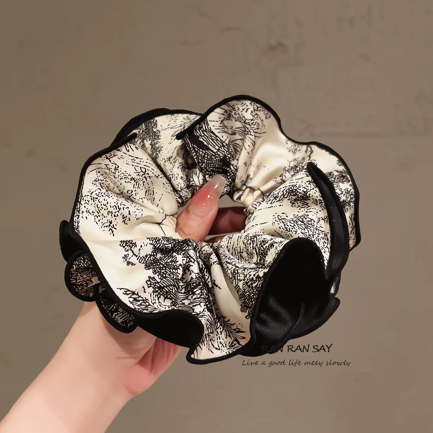 

Elegant Satin Pleated Scrunchie Chinese Ink Painting Style High Elastic Hair Tie for Low Ponytail Women Daily Versatile Non Slip