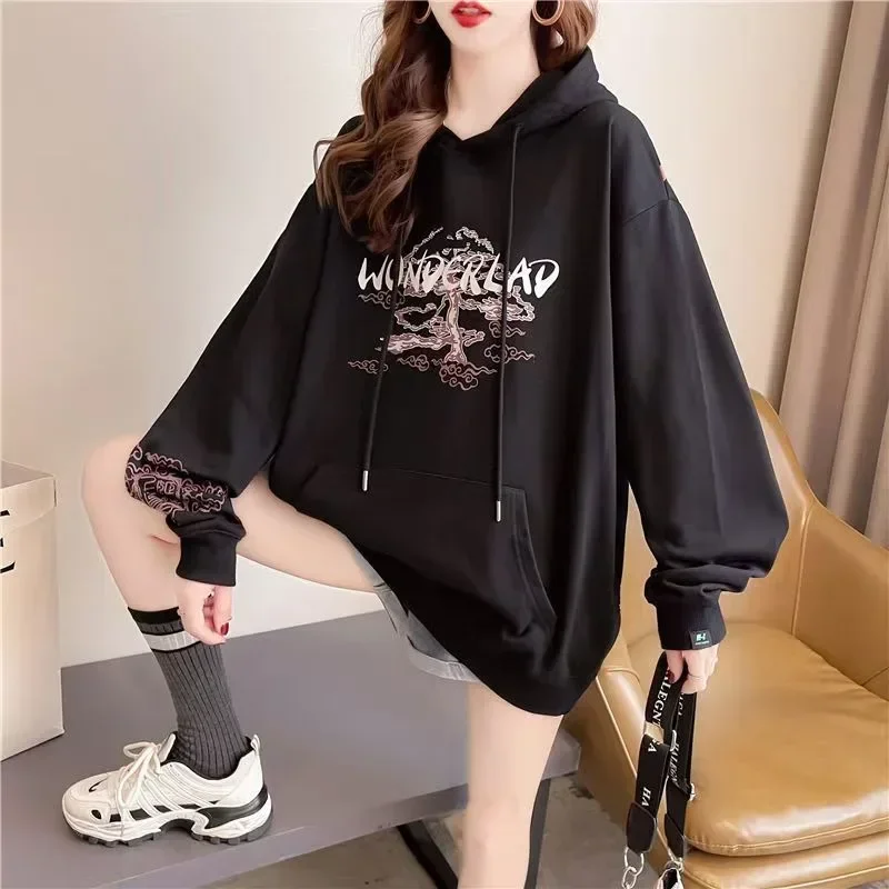 Harajuku Oversized Hoodies Women Chinese Style Printed Autumn Winter Velvet Couple Pullover Sweatshirt 2022 Spring Streetwear