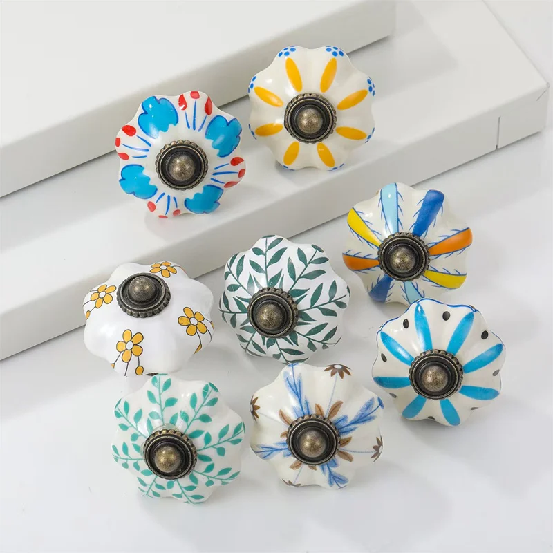 41mm Hand-painted Pumpkins Ceramic Door Drawer Knobs Furniture Handles Round Cabinet Wardrobe Cupboard Closet Pulls For Room Diy