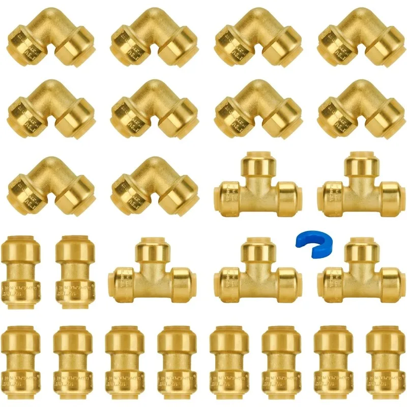 

Plumbing Fittings 1/2 Inch, Push Pex Fittings 1/2", 10 Each Coupling and 90 Degree Elbow, Tee (5 PCS), No Lead Brass Pu