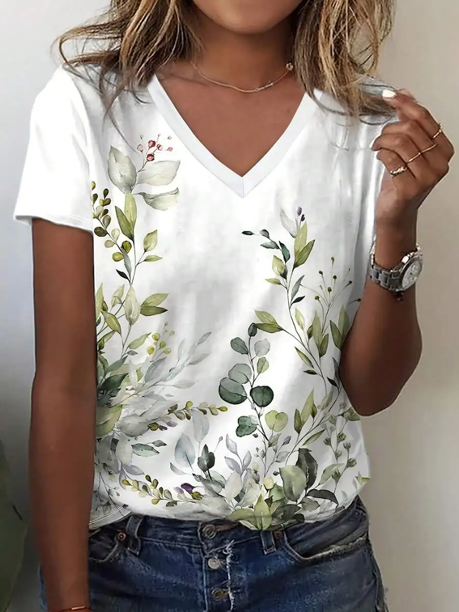 

Womens V-Neck Floral Leaf Print Cotton Short Sleeve Casual Top