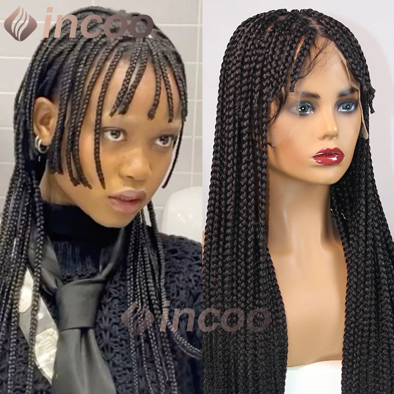 32 Inch Full Lace Synthetic Braid Wig Knotless Box Braids Goddess Wig With Bangs Faux Locs Crochet Cornrow Braided Wig for Women