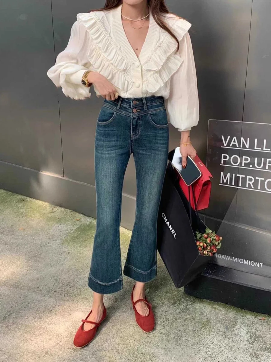 

Deep Blue High Waist Stretchy Women's Jeans Fall Winter New Style Versatile Slim Fit Bell Bottom Nine Pants Cotton Denim