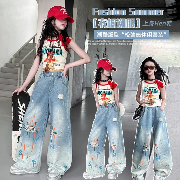 Girls Jeans Ripped printed Spring Autumn Loose Straight Children's Wide Leg Denim Pants Gradient Design Trousers for Kids