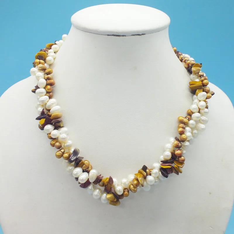 

3 strands of natural pearls. Semi-precious stones necklace 18"