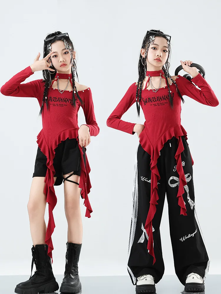 

Kids K-pop Irregular Crop Top Street Dance Loose Pants Girl Group Clothes Jazz Costume Children Hip Hop Streetwear Set