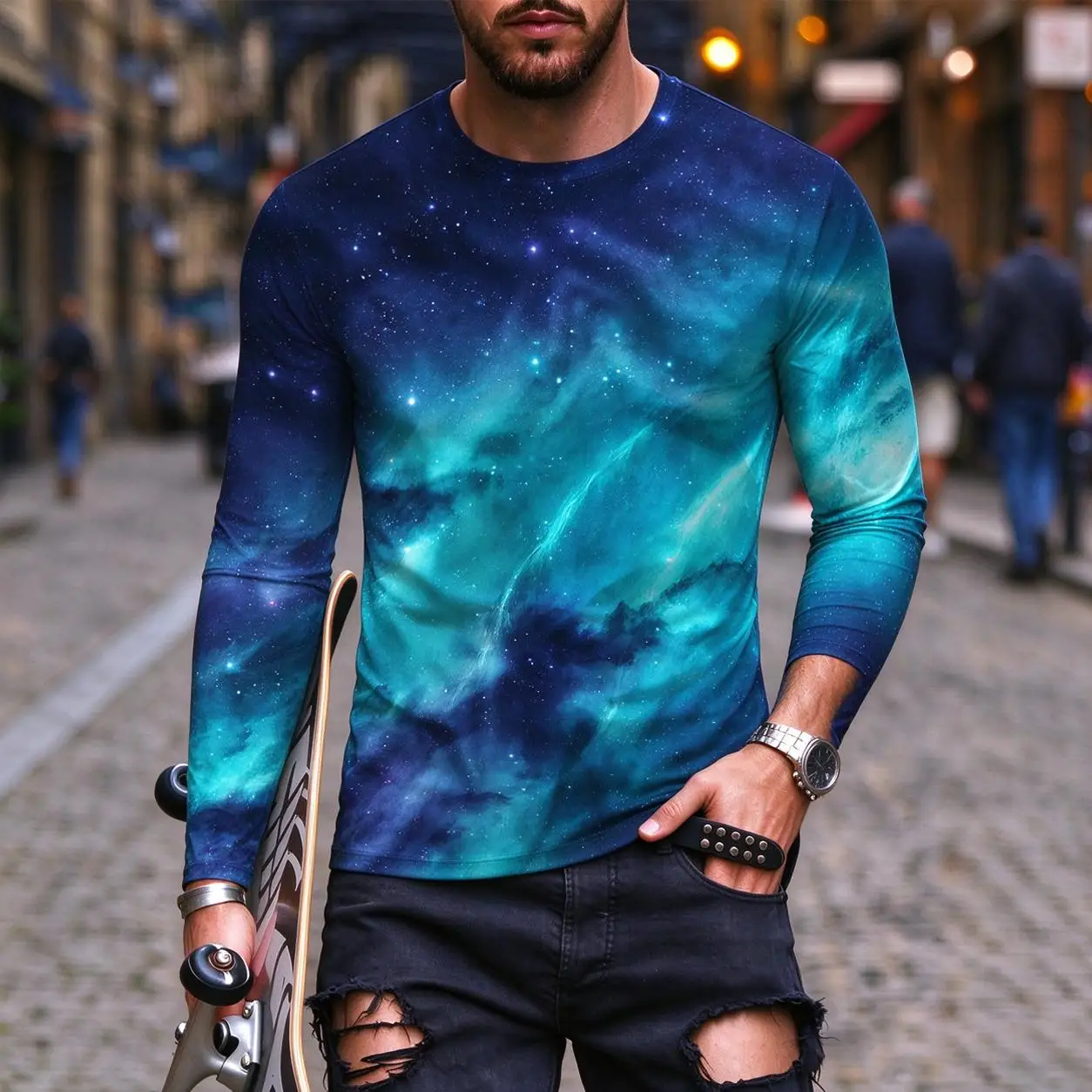 Starry Sky Space Theme 3D Printed Long-Sleeve T-Shirt Y2K Autumn Outdoor Fashion Apparel Men's Casual Street Style Crew Neck Top