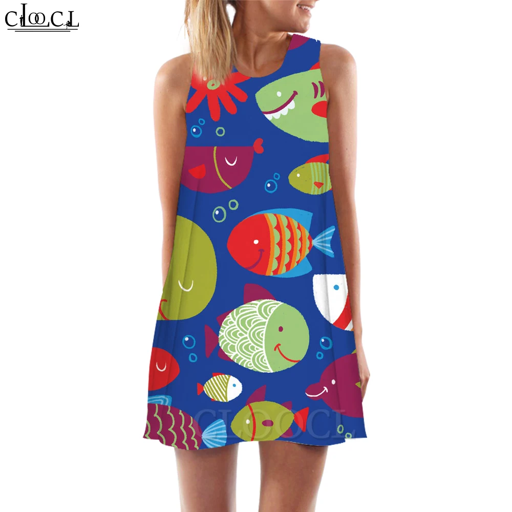 

CLOOCL New Women Tank Dress Cute Cartoon Fish Pattern 3D Printed Sleeveless Vest Dress Sexy Mini Dress Sundress Women Clothing