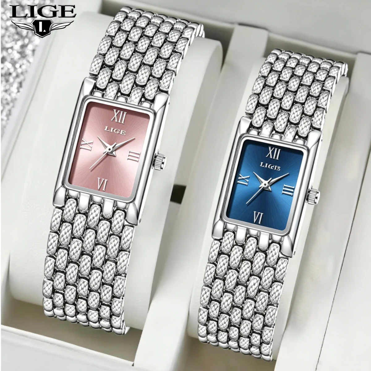 

2026 LIGE New Design Ladies Watch Fashion Quartz Wristwatch Silver Simple Square Women Watches Luxury Stainless Steel Folding