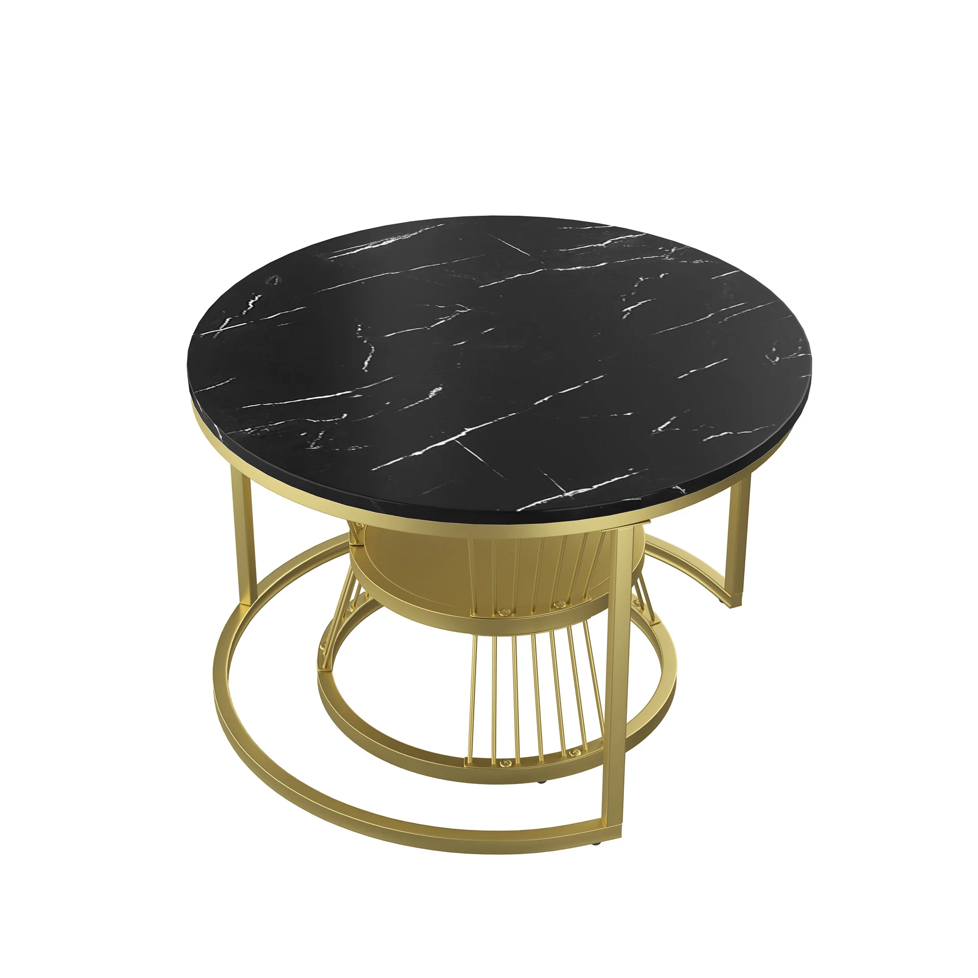Runder Nesting Couch tisch, 2er Set moderner Couch tisch mit Kunst marmorplatte, goldener Metallrahmen schwarzer Nist tisch zum Wohnen r