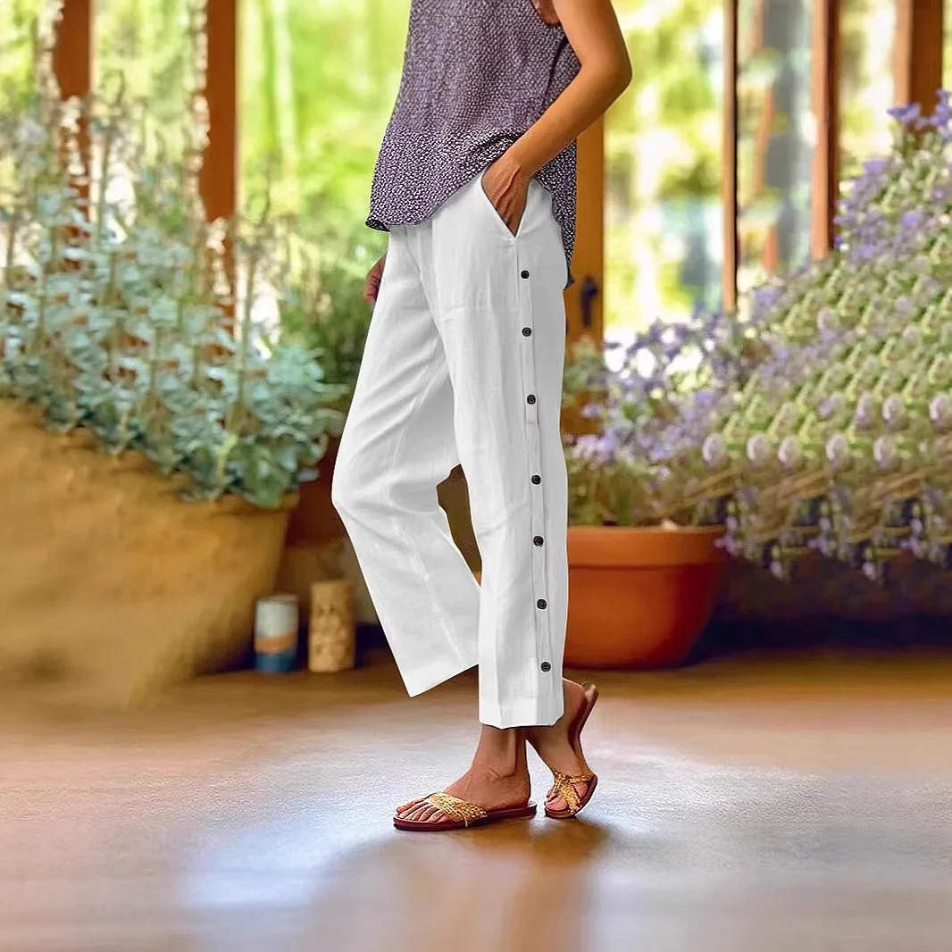 Casual Linen Pants for Women Spring Summer Loose Fit Button Decor Trousers Cotton Linen Breathable Relaxed Pants