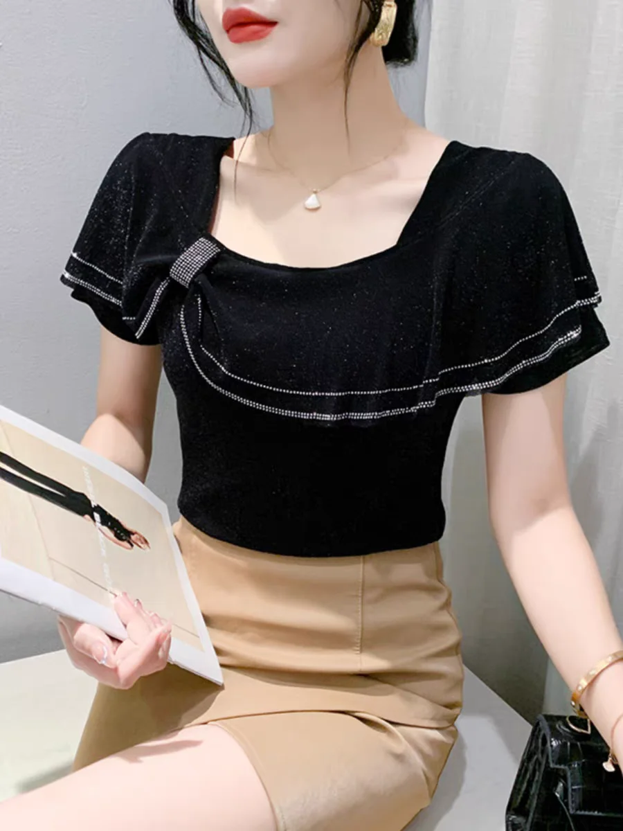 Shiny Mesh T-shirts Tops Girls Patched Short Sleeve Bowknot Square Collor Slim TShirt Women Summer Tees 2024 Summer