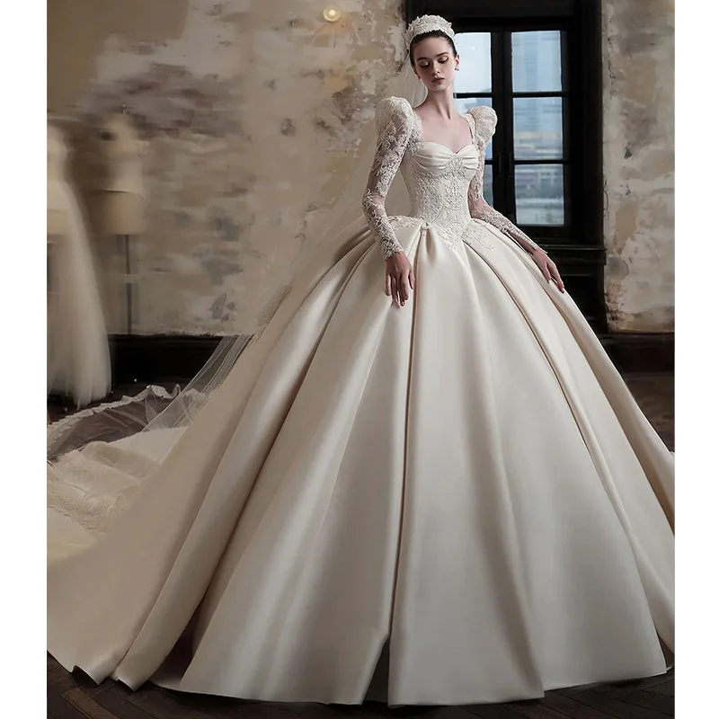 Customizable Classic Luxury Square Collar Long Lace Sleeve Satin Ball Gown Lace Up Sweep Train Bridal Gowns