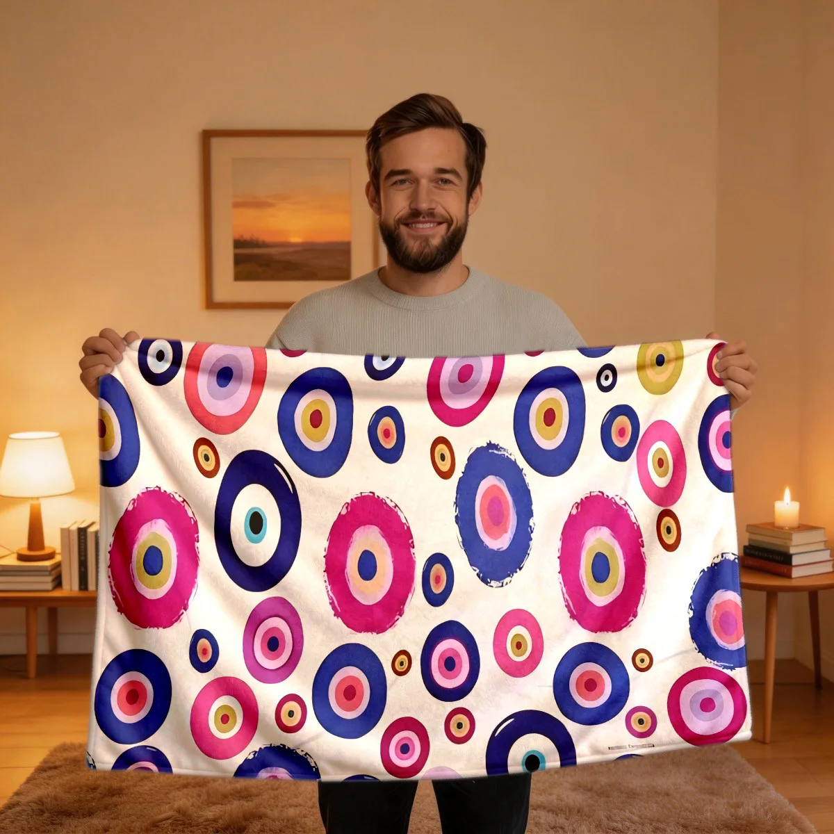1pc 2D Flat Colorful Evil Eye Totem Digital Print Flannel Blanket - 100% Polyester Fiber, Suitable for All Seasons, Lightweight