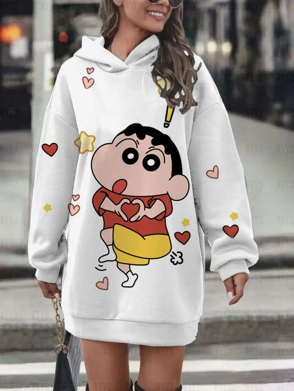 Anime Crayon Shin-chan Printed Age Reduction Round Neck Contrast All-match Dress Casual Fashionable Hoodie Dress