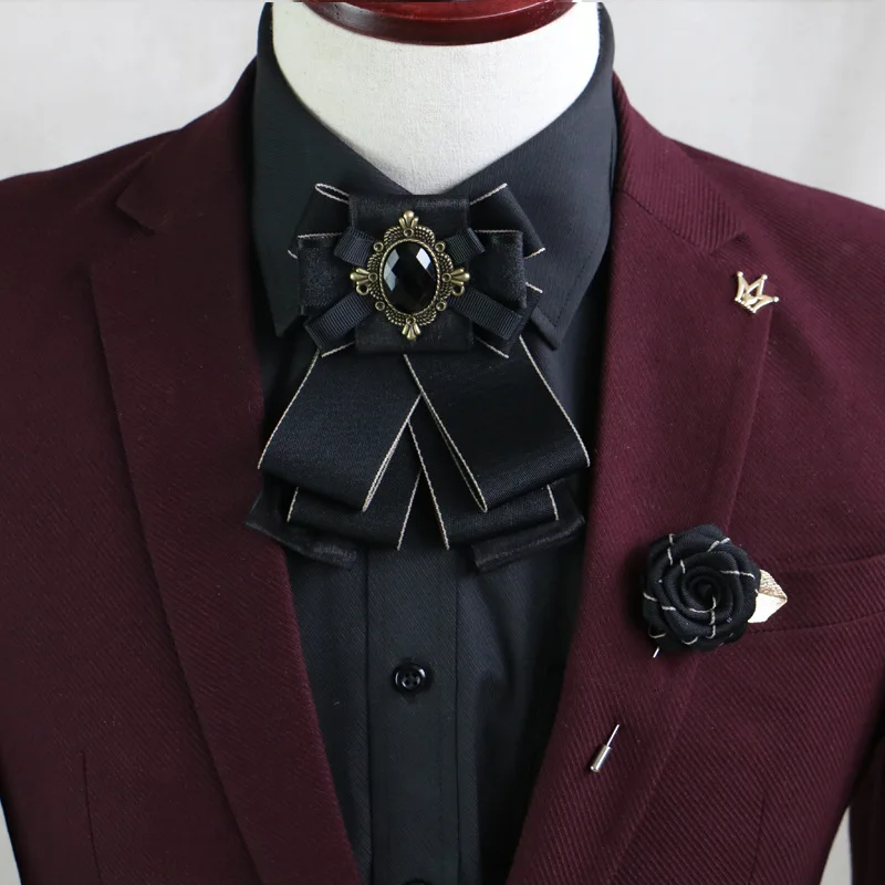 Elegant Gorgeous Diamond Ribbon Bowtie Men Wedding Suit Uniform Groom Dress Butterfly Banquet Accessory Gift Wine-Red Navy Pink