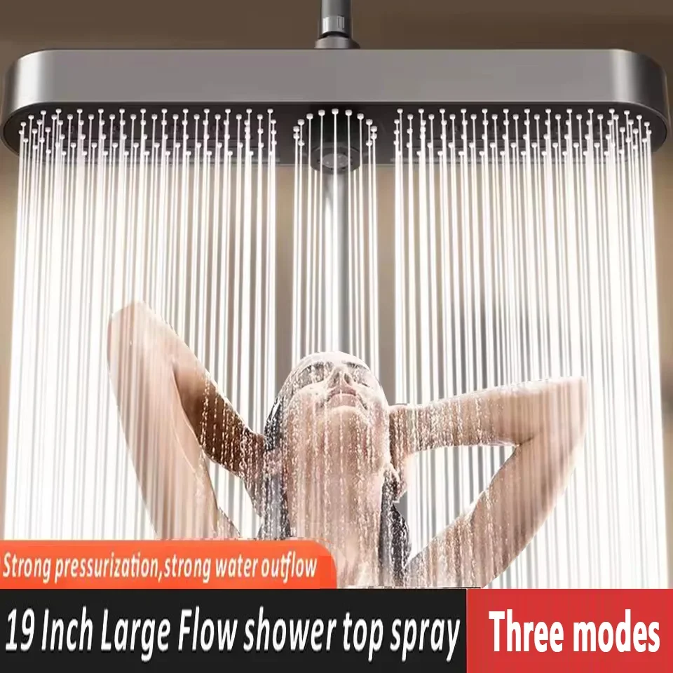 

19 Inches Super Big Panel Large Flow Supercharge Ceiling Mounted Shower Head 3 Modes High Pressure Water Saving Showerhead