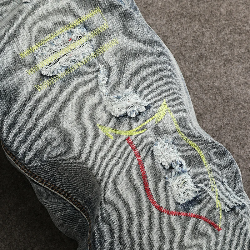 Streetwear Fashion Men Jeans High Quality Retro Washed Stretch Slim Fit Ripped Jeans Men Embroidery Designer Vintage Denim Pants