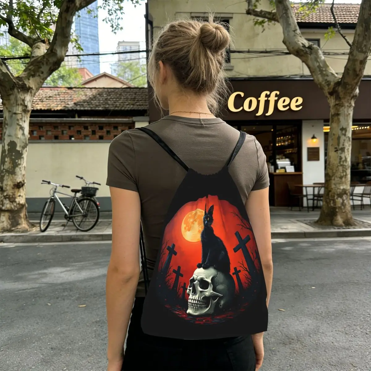 

Gothic Black Cat Stand On Skull Backpacks Fashion Drawstring Bundle Pocket Sundries Bag Book Bags for Travel School