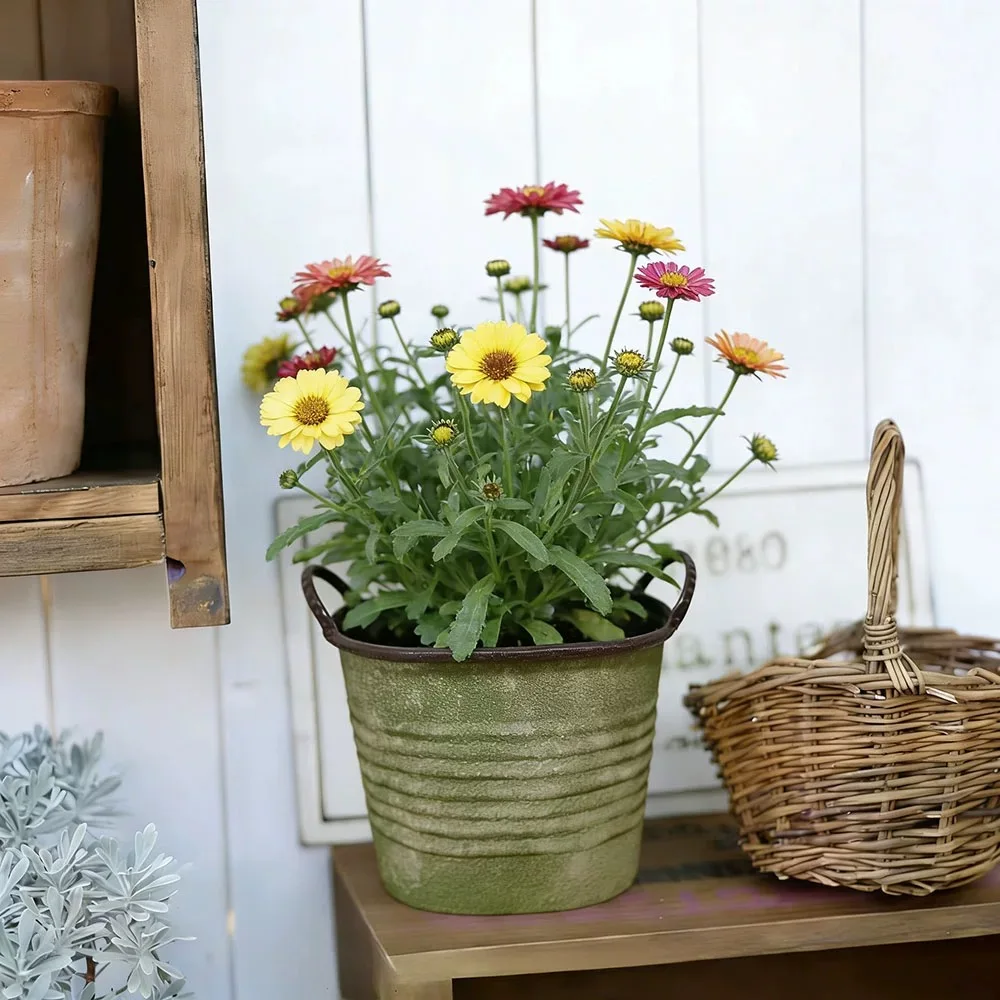 Vintage Metal Planter, Green, Oval Shape, Rustic Farmhouse Style, with Handles, 12.4 x 8.2 in