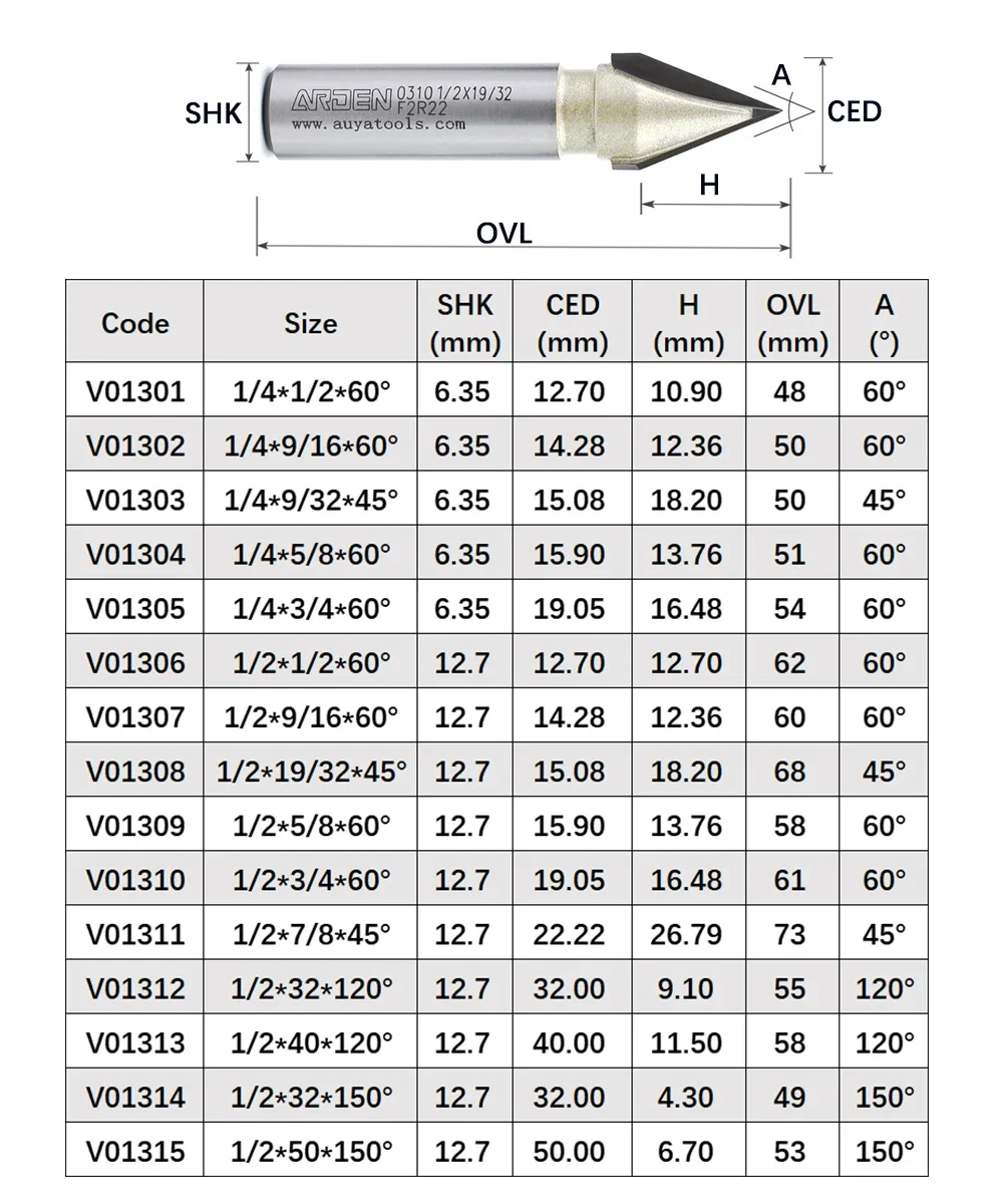 ARDEN V Bit 45 60 120 150 Degree Engraving Router Bit  Carbide Woodworking 3D Carving V-shaped Bevel Tipped Milling Cutter MDF