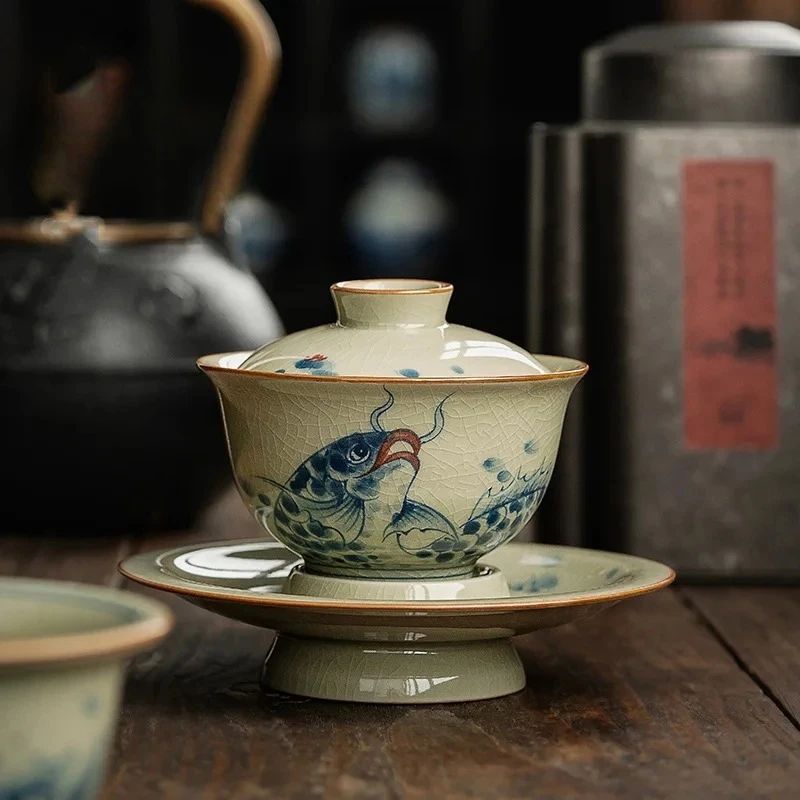 155ml Hand-painted Pottery Clay Gaiwan Ru Porcelain Fish Dargon Bowls Tea Tureen Tea Maker Cover Bowl Jingdezhen Tea Items Gift