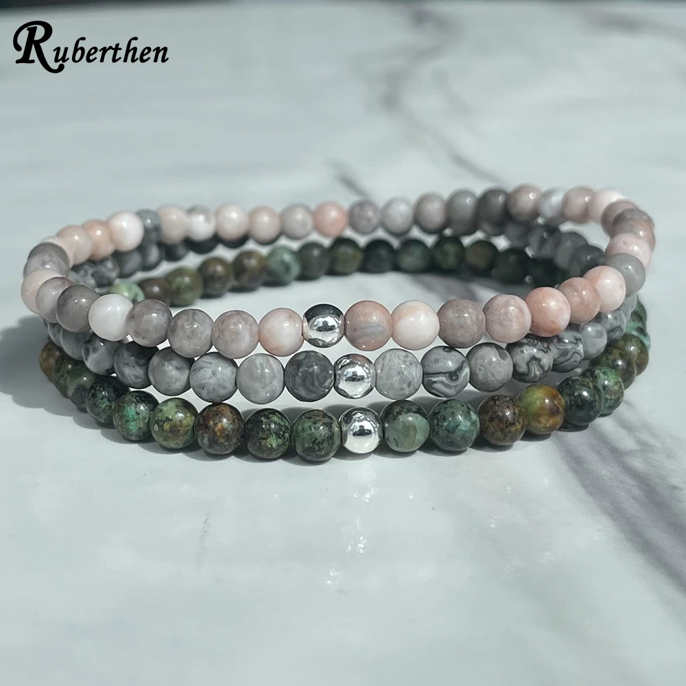 Ruberthen 4 MM Pink Zebra Jasper Afriacn Turquoise Map Jasper Bracelet Set Womens Mini Gemstone Wrist Mala  Jewelry