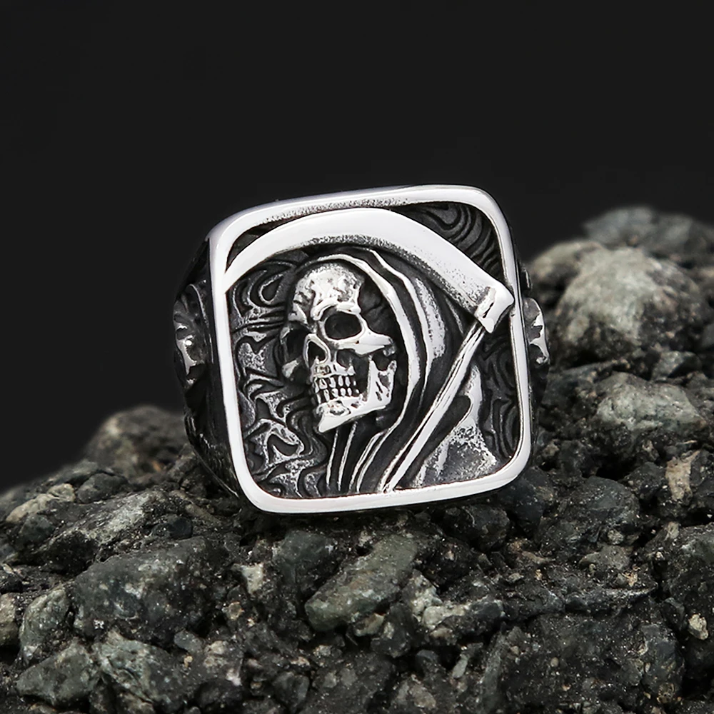 Vintage Stainless Steel Death Sickle Skull Rings For Men Punk Hip Hop Domineering Skull Ring Party Biker Jewelry Gifts Wholesale