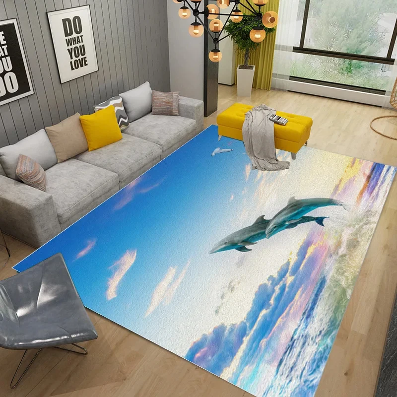 VIKAMA 3D Underwater Dolphin Turtle Soft Plush Rug Non-slip Area Carpet Kids Play Mat Living Room Bedroom Home Decor