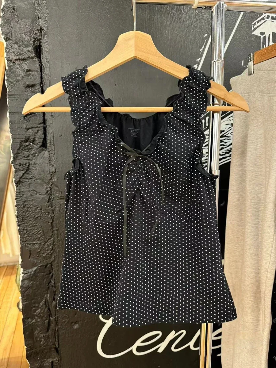 Women New Polka Dot Bow Black Tank Tops Summer Sexy V Neck Cotton Sleeveless Cropped Vests Vintage Sweet Ruffles Slim Crop Top