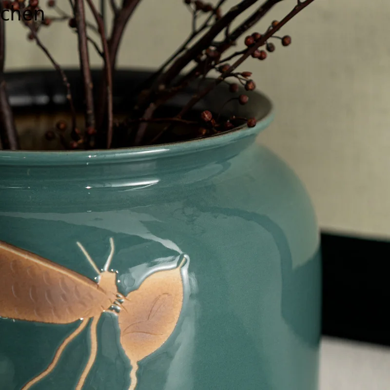 HXL Dark Green Ceramic Flower Pot Living Room Study Tea Room Flower Arrangement Soft Decoration