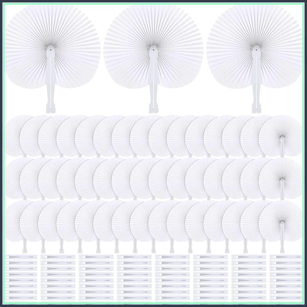 

200 Pcs 9 Inch White Paper Fans Round Folding Hand Fans with Plastic Handle for Wedding Party DIY Decorations