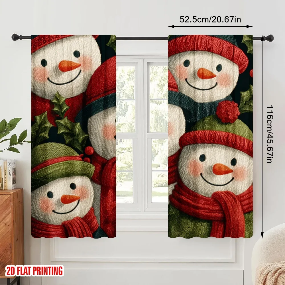 2pcs,2D plane printing Light Filtering Curtains Four Snowmen for Christmas Versatile Polyester Fabric (without rod) Holiday for