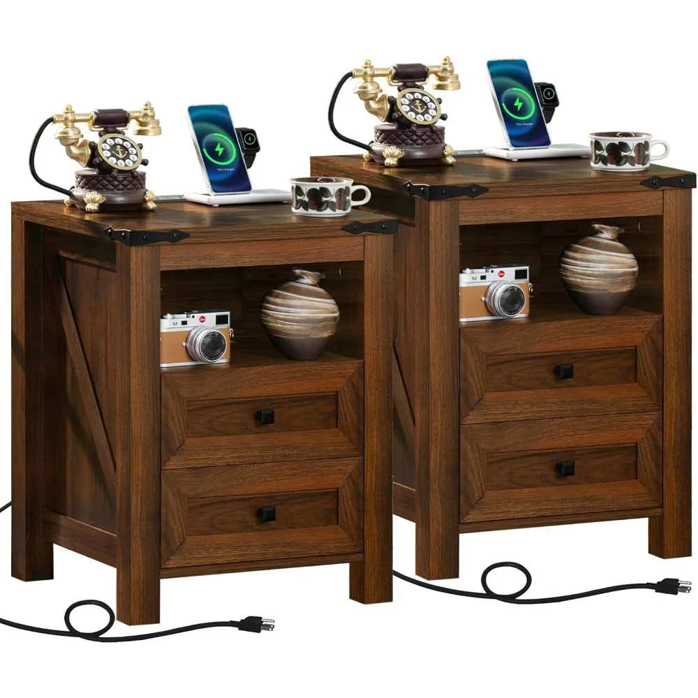Pair of Farmhouse-Style Nightstands with Charging Dock, 2-Drawer and Shelf End Tables, Rustic Wood Sofa Console, Bed Options