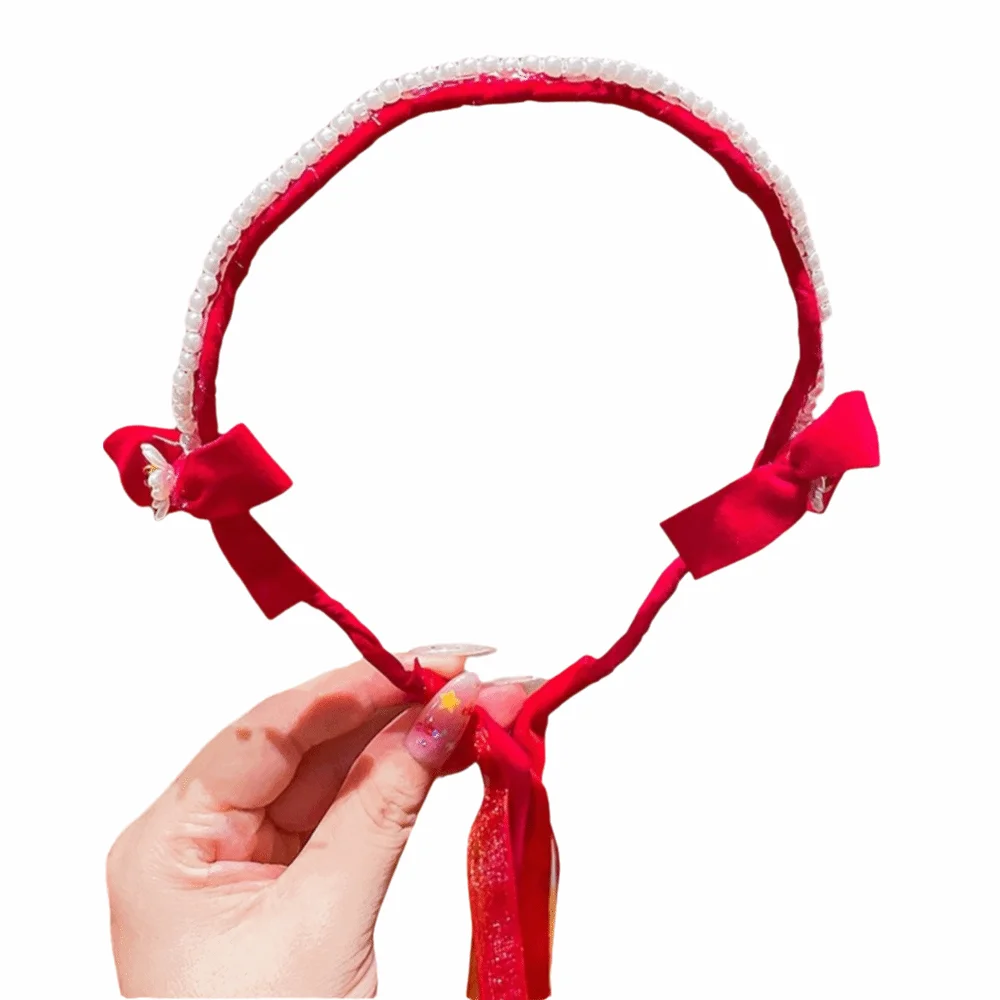 

Butterfly Red Chinese Style Headband Tassel Plush Ball Ancient Headwear Pearl Flower Cute New Year Hair hoop Hanfu Costume
