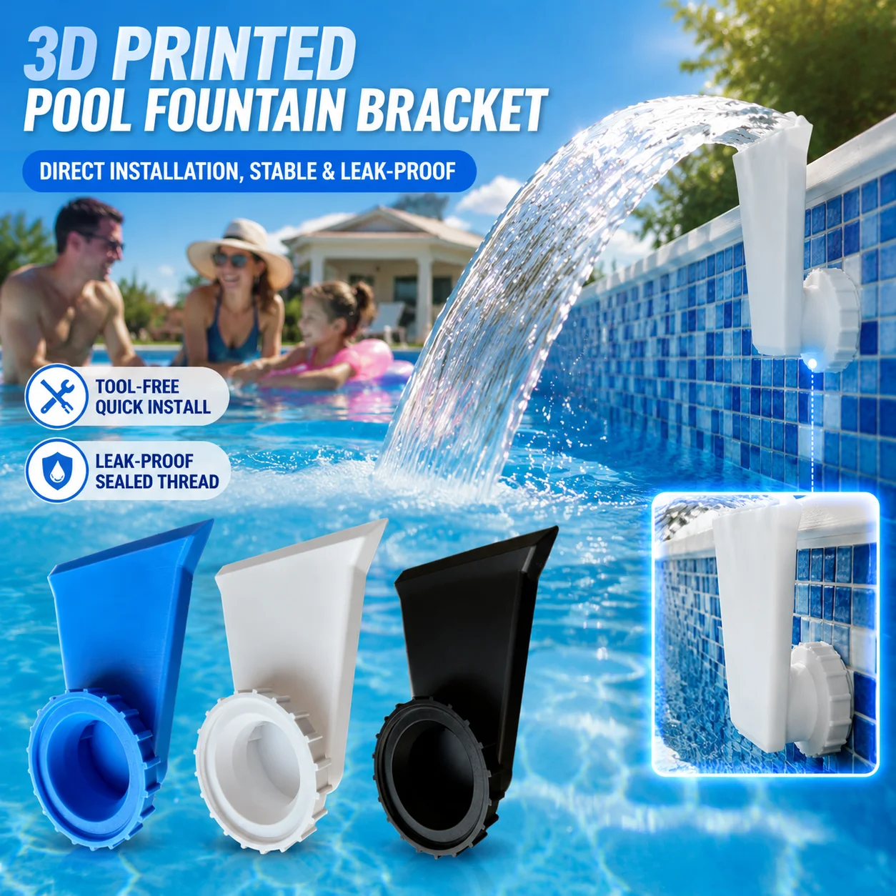 Image of 3D-gedruckte Poolbrunnenhalterung, schnelle Installation, auslaufsicher, versiegelter Gewinde-Wasserfallbrunnen, Düse für die Dekoration von Schwimmbädern