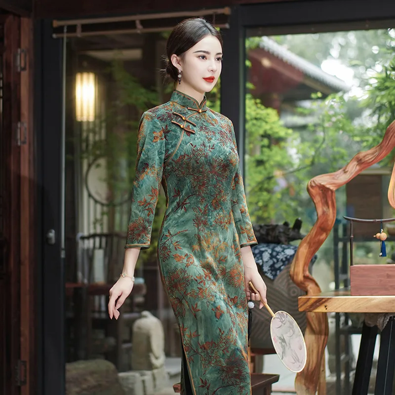 New Women Cheongsam Improved Winter Long Sleeves Dress Chinese Traditional Evening Dresses Long Qipao Costume