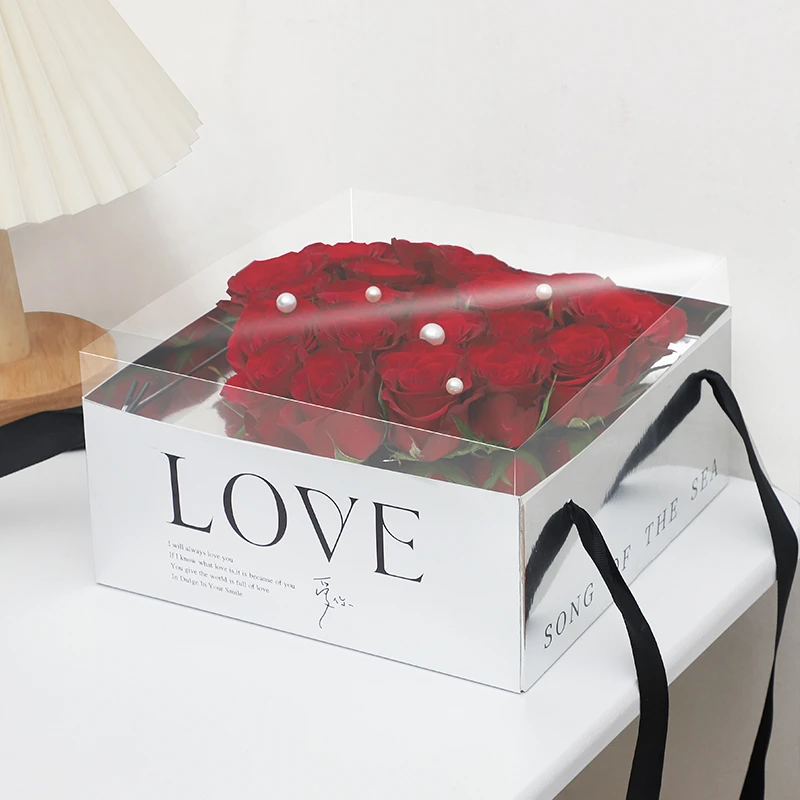 Mirror Silver Magic Folding Tote Box Pvc Clear Love Flower Box Flower Arrangement Hand Carry Bag 4pcs