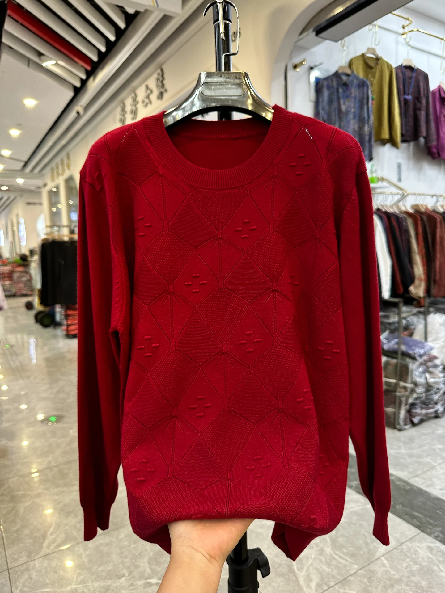 

Slimming Diamond Pattern Knitted Sweater round Ne Long Sve Loose Fit Overhead Mommy 2025 Autumn Faion New Sle Women'...