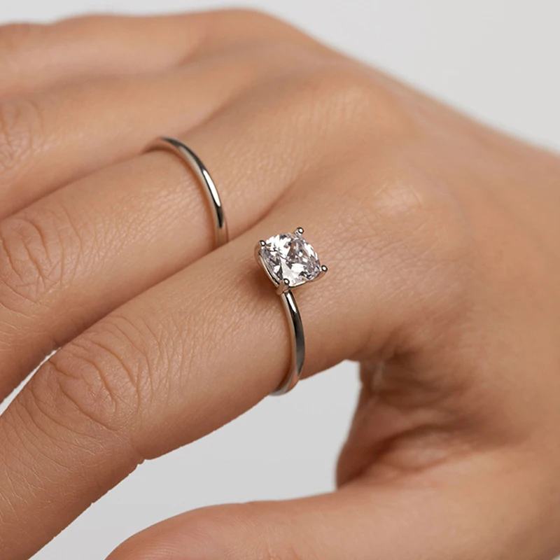 EWYA 1.5ct Princess Cut Moissanite Open Ring Certified s925 Silver Party Bridal Two Finger Geometric Adjustable Band for Women